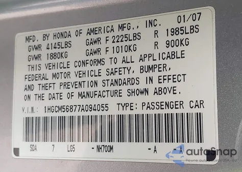 2007 Honda Accord Sdn 2.4 Ex z USA, uszkodzony, nr VIN 1HGCM56877A094055